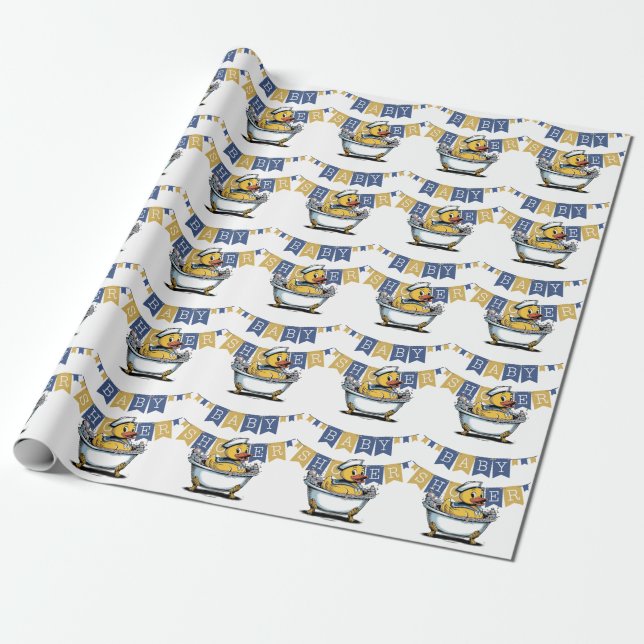 Yellow and Blue Rubber Duck Boy Baby Shower Wrapping Paper (Unrolled)