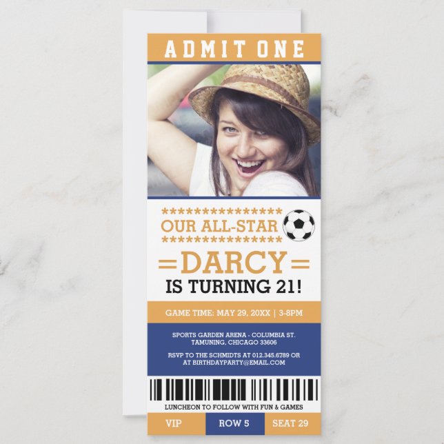 Yellow and Blue Soccer Ticket Birthday Invites (Front)