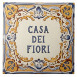Yellow and Blue Spanish Design House Name Sign Tile<br><div class="desc">"custom house name plate", "personalised house name plaque", "personal customised text sign", "spanish design ceramic tile", "mexican latino hispanic style", "portuguese italian traditional folk art", "mustard yellow gold navy blue", "dei de cream off white", "ornate villa casa del della", "decorative antique vintage mediterranean"</div>