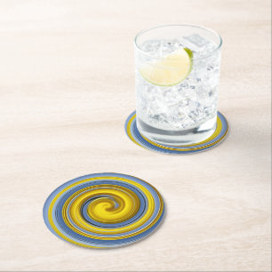 Yellow and blue spiral round paper coaster