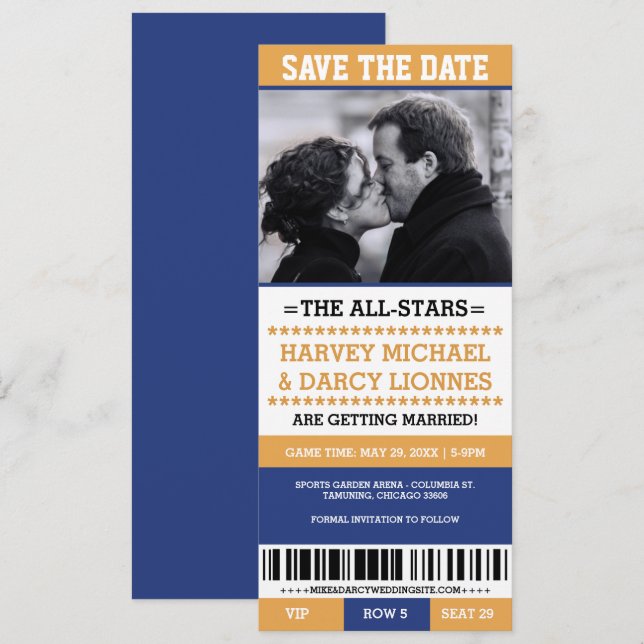 Yellow and Blue Sports Ticket Save the Date Invitation (Front/Back)