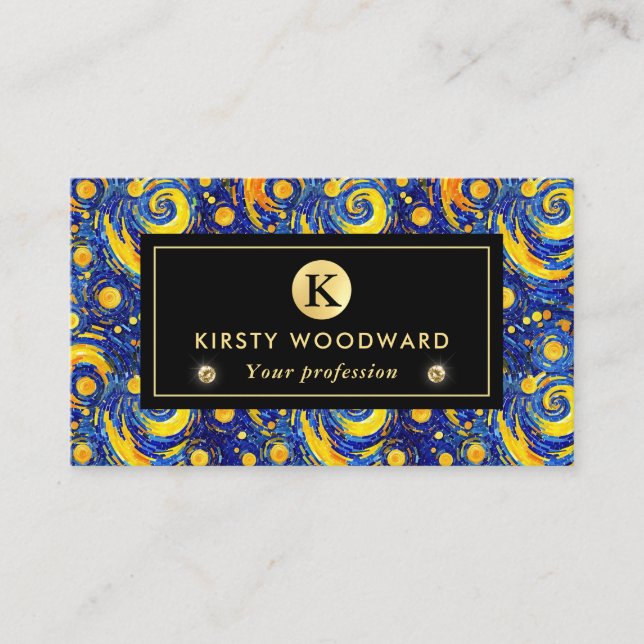 Yellow and Blue Starry Night Mosaic Glass Pattern Business Card (Front)