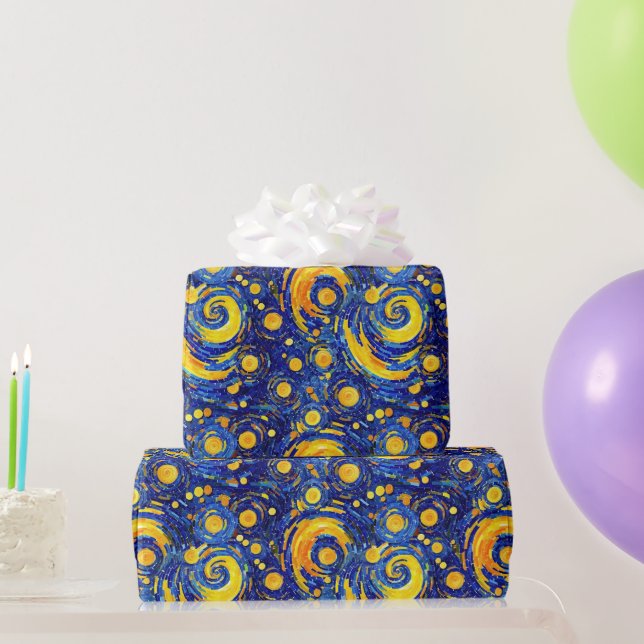 Yellow and Blue Starry Night Mosaic Glass Pattern Wrapping Paper (Party Gifts)
