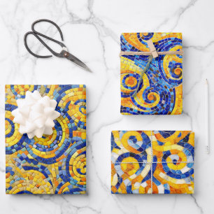 Yellow and Blue Starry Night Mosaic Glass Patterns Wrapping Paper Sheet