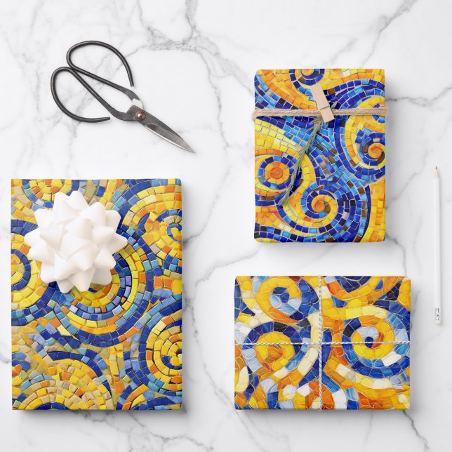 Yellow and Blue Starry Night Mosaic Glass Patterns Wrapping Paper Sheet (Front)