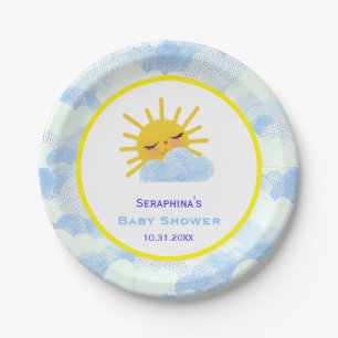 Yellow And Blue Sunshine Clouds Baby Shower Paper Plate