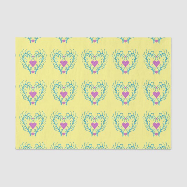 Yellow and Blue Swedish Folk Art Hearts Tissue Paper (Front)