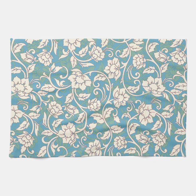 Yellow and Blue Swirling Flowers Tea Towel (Horizontal)