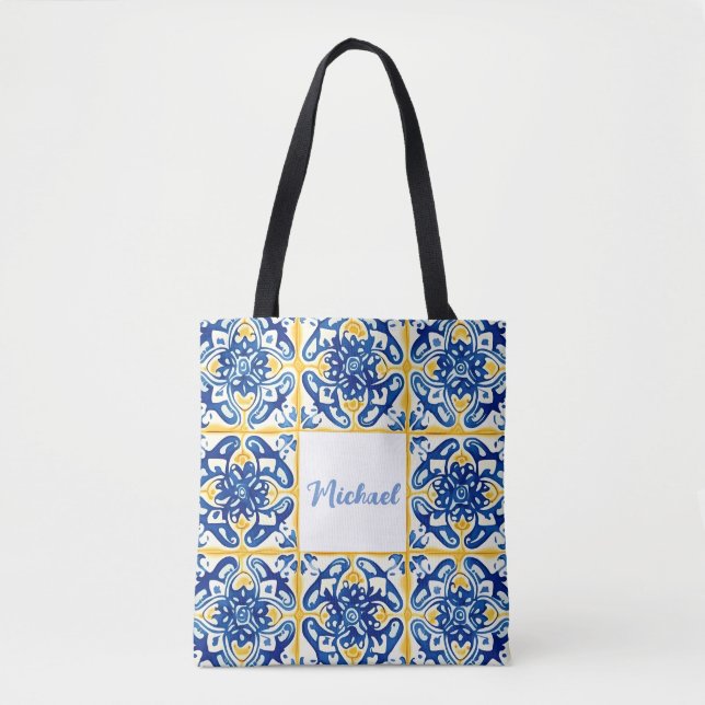 Yellow And Blue Tile Summery Trip Tote Bag (Front)