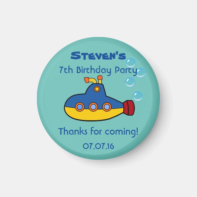 Yellow and Blue Toy Submarine Birthday Thank You Magnet (Front)