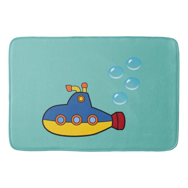 Yellow and Blue Toy Submarine with Water Bubbles Bath Mat (Front)