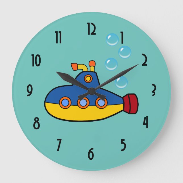 Yellow and Blue Toy Submarine with Water Bubbles Large Clock (Front)