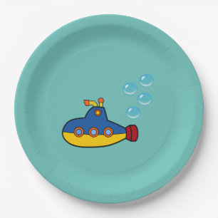 Yellow and Blue Toy Submarine with Water Bubbles Paper Plate