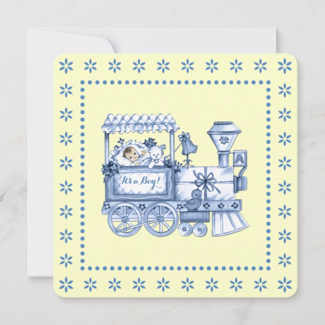 Yellow and Blue Train Baby Boy Shower Invitation (Front)