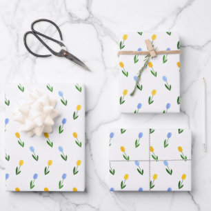 Yellow and Blue Tulip Flower Pattern Wrapping Paper Sheet