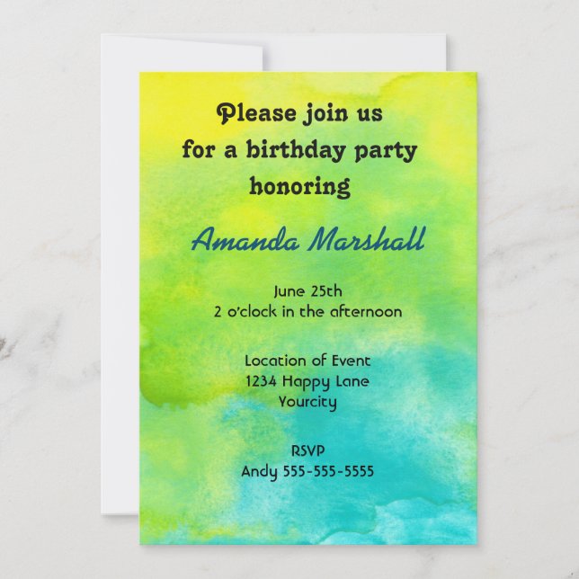 Yellow and Blue Watercolor Birthday Invitation (Front)