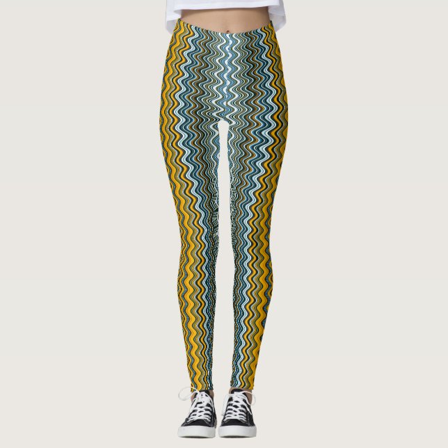 Yellow and Blue Wavy Stripes Leggings (Front)