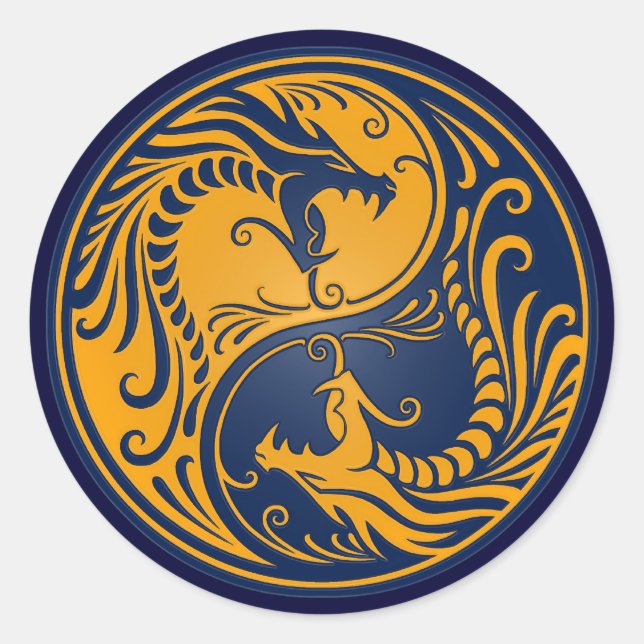 Yellow and Blue Yin Yang Dragons Classic Round Sticker (Front)