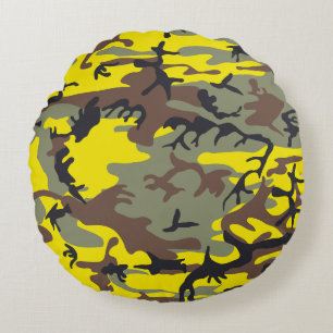 Yellow and Brown Camouflage, Military, Army Round Cushion