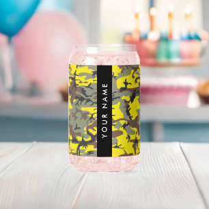 Yellow and Brown Camouflage Your name Personalise Can Glass