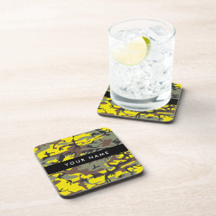Yellow and Brown Camouflage Your name Personalise Coaster