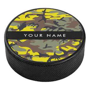 Yellow and Brown Camouflage Your name Personalise Hockey Puck