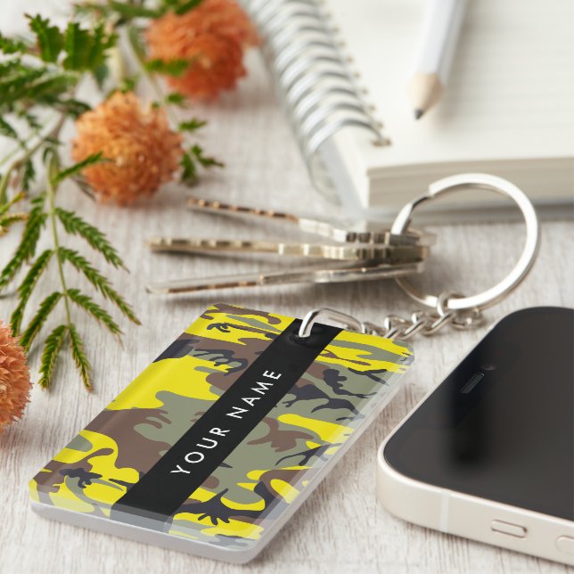 Yellow and Brown Camouflage Your name Personalise Key Ring (Front Right)