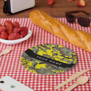 Yellow and Brown Camouflage Your name Personalise Paper Plate