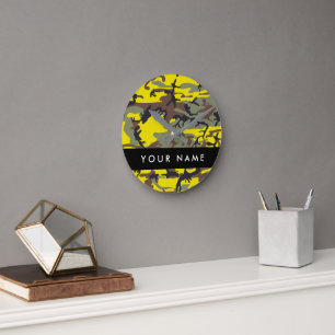 Yellow and Brown Camouflage Your name Personalise Round Clock