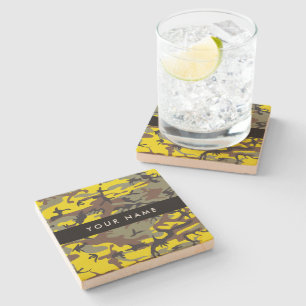 Yellow and Brown Camouflage Your name Personalise Stone Coaster