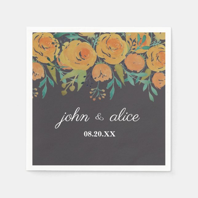 Yellow and Brown Floral Peonies and Roses Wedding Napkin (Front)