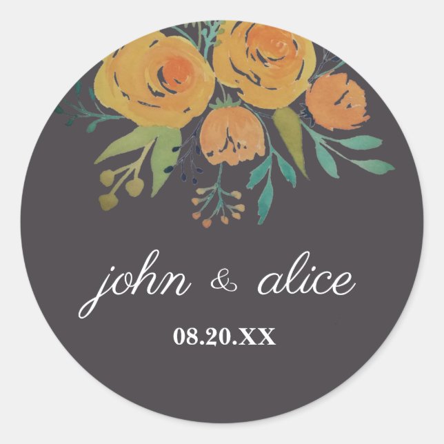 Yellow and Brown Floral Wedding Classic Round Sticker (Front)