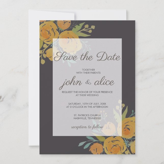 Yellow and Brown Floral Wedding Save The Date (Front)