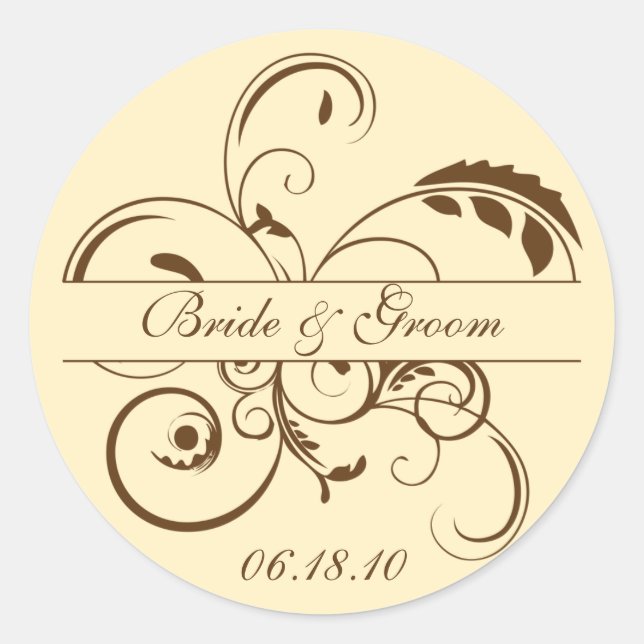 Yellow and Brown Flourish Monogram Sticker Label (Front)