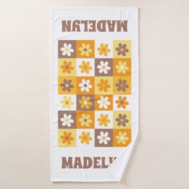 Yellow and Brown Groovy Daisy Chequerboard Bath Towel (Bath Towel)