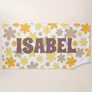 Yellow and Brown Retro Groovy Floral Custom Name Beach Towel
