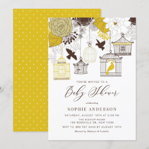 Yellow and Brown Vintage Birdcages Baby Shower Invitation