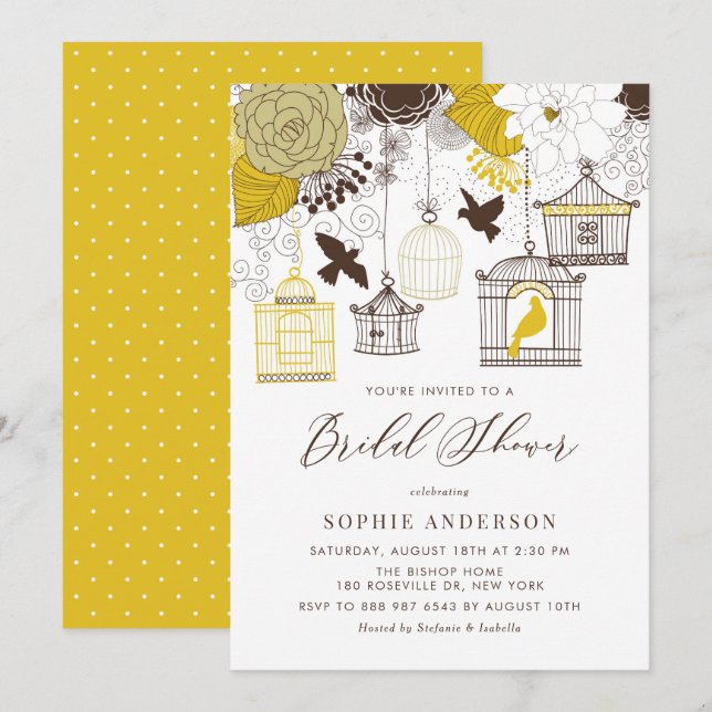 Yellow and Brown Vintage Birdcages Bridal Shower Invitation (Front/Back)