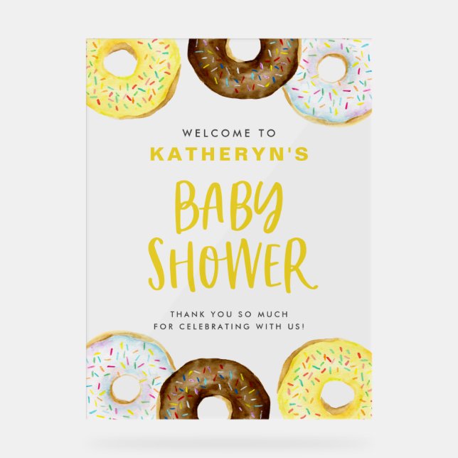 Yellow and Chocolate Doughnuts Baby Shower Welcome Acrylic Sign (Front)