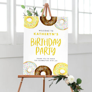 Yellow and Chocolate Doughnuts Birthday Party Welc Poster