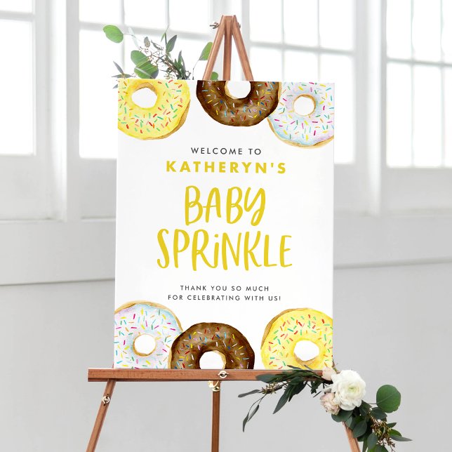 Yellow and Chocolate Glazed Doughnuts Baby Sprinkl Poster (Watercolor Yellow Donuts Baby Sprinkle Welcome Sign – Customizable Baby Shower Decor)