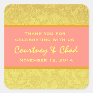 Yellow and Coral Thank You Wedding R312J Square Sticker