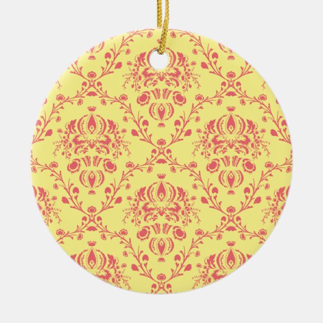 Yellow and Cranberry Pink Damask Ceramic Tree Decoration (Front)