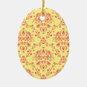 Yellow and Cranberry Pink Damask Ceramic Tree Decoration