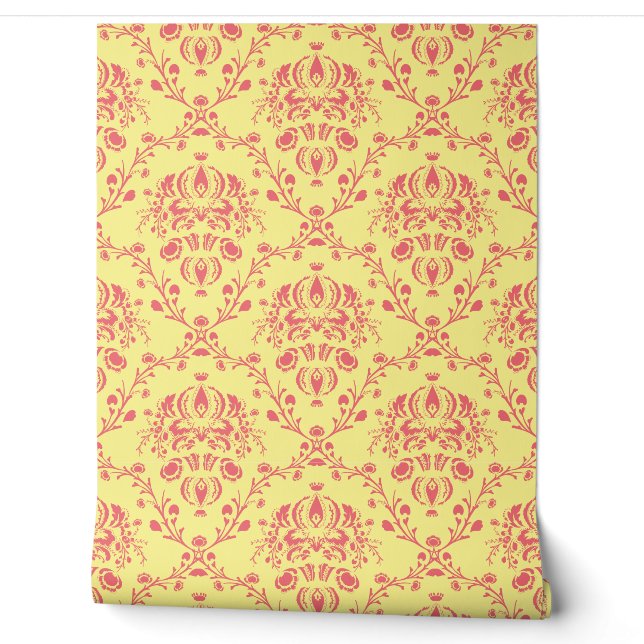 Yellow and Cranberry Pink Damask Wallpaper (Unrolling)