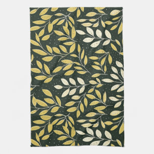 Yellow and Cream Leafy Branches Pattern Tea Towel
