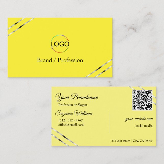 Yellow and Cream with Silver Lines Logo QR Code Business Card (Front/Back)