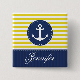 Yellow and Dark Blue Stripes Anchor With Name 15 Cm Square Badge