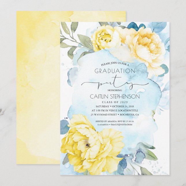 Yellow and Dusty Blue Floral Graduation Invitation (Front/Back)