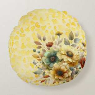 Yellow and Earthy Blooms Watercolor Round Cushion